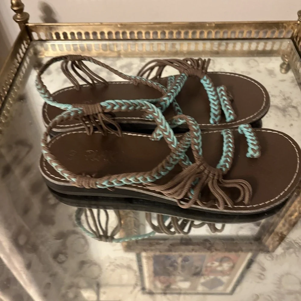 Plaka Palm Leaf Sandals Womens Size 9 Braided Rope Flat Shoes Beach Casual Summe